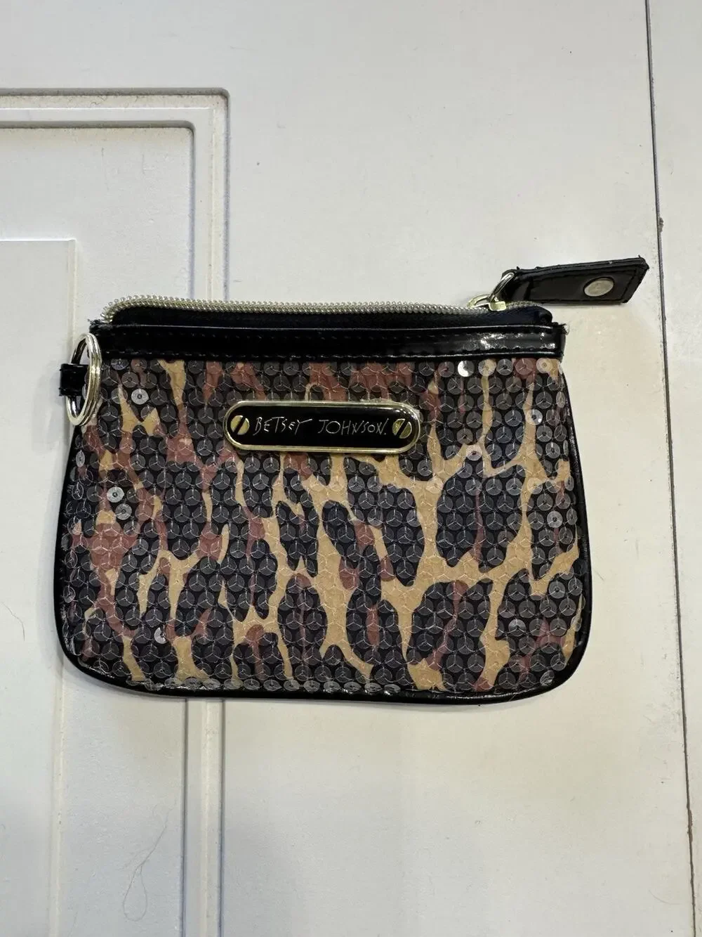 Betsey Johnson Animal Cheetah Leopard Print Sequins Wristlet Pouch Coin Purse